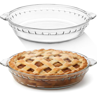 2 Pack 9 Inch Clear Glass Pie Pan with Handles, Round Oven-Safe Glass Baking Dish for Pies, Desserts, Salads & Serving