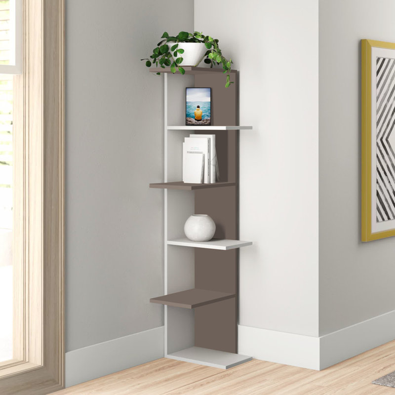 Saso Corner Bookcase 5-Tier Storage Unit, White/Light Mocca