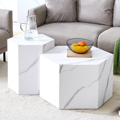 Modern Minimalist Style Hexagonal White Marble Patterned MDF Coffee Table Set (Two-Piece Set) .Complex Texture Patterns, Style And Texture Coffee Table To Redefine Your Interior Decoration.