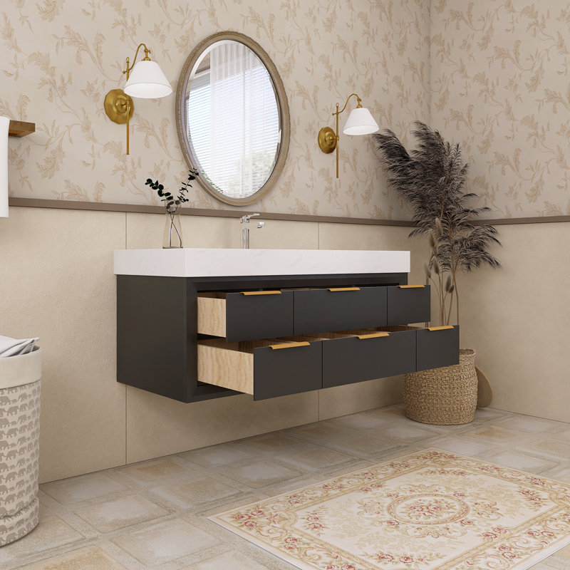 Meuble-lavabo mural simple 48 po avec plateau en marbre, Noir