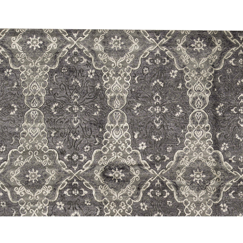 Wool Damask Area Rug in Charcoal/Ivory