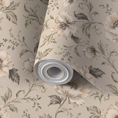 Papier auto-adhésif à motif floral beige auto-adhésif et amovible 24 po x 118 po (60 x 300 cm)