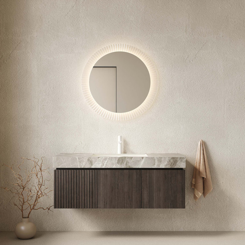 Meuble-lavabo 48 po avec lavabo en contreplaqué flottant avec tiroir et portes, comptoir en pierre frittée et lavabo en céramique avec 1 trou de robinet pré-percé, pré-assemblé