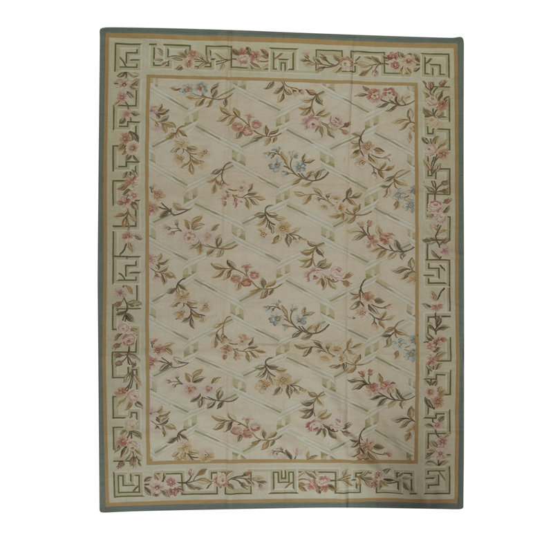 Tapis beige, vert et rose noué à la main de haute qualité