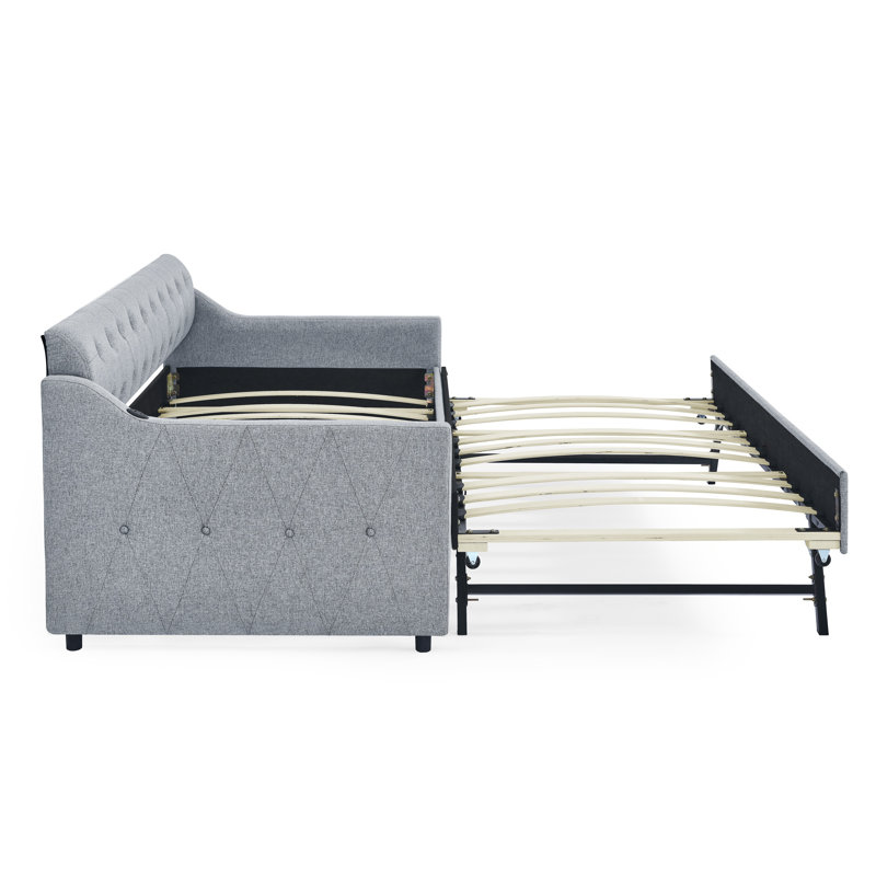 Lit de jour simple rembourré avec lit gigogne simple et chargement USB - Canapé-lit en lin gris pour chambre à coucher et salon