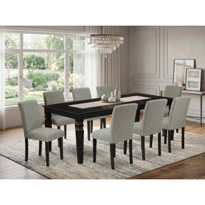 9 Piece Dining Room Set Includes a Rectangle Wooden Table with Butterfly Leaf and 8 Shitake Linen Fabric Parson Chairs, Black