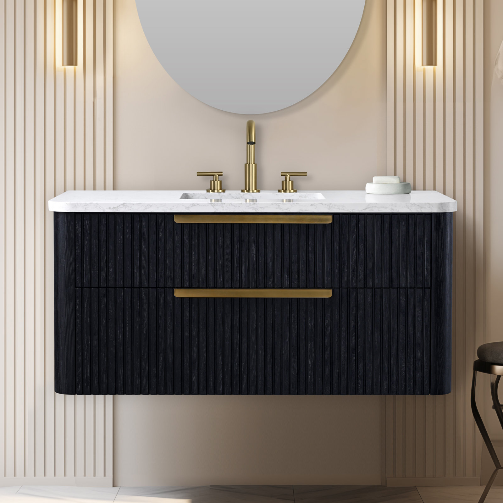 Liljan 42'' Wall-Mounted Single Bathroom Vanity, Black Oak/Brushed Bronze