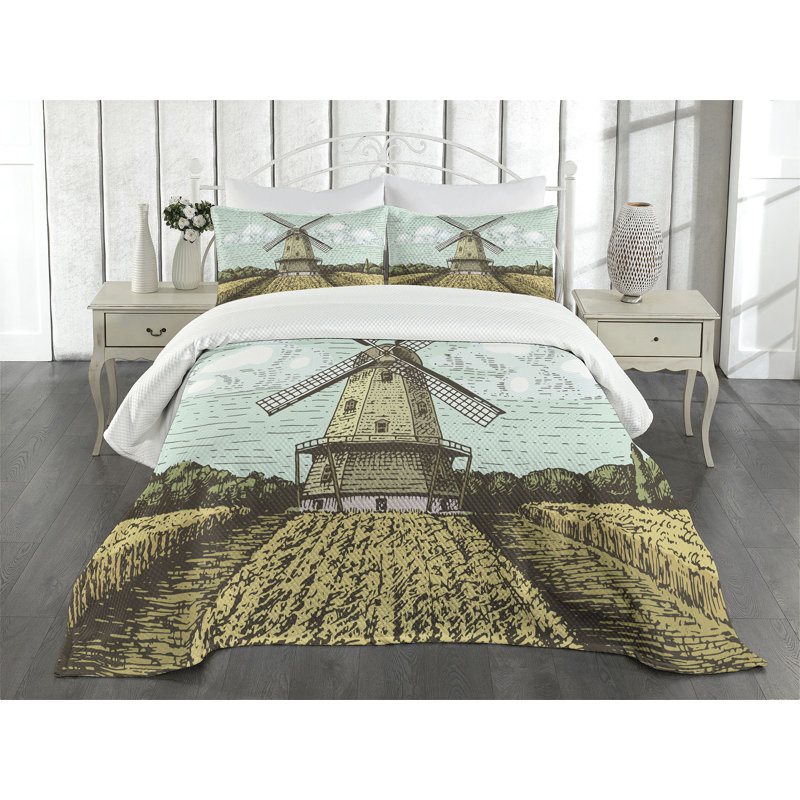 White Quilted Queen Bedspread Set with Windmill Design