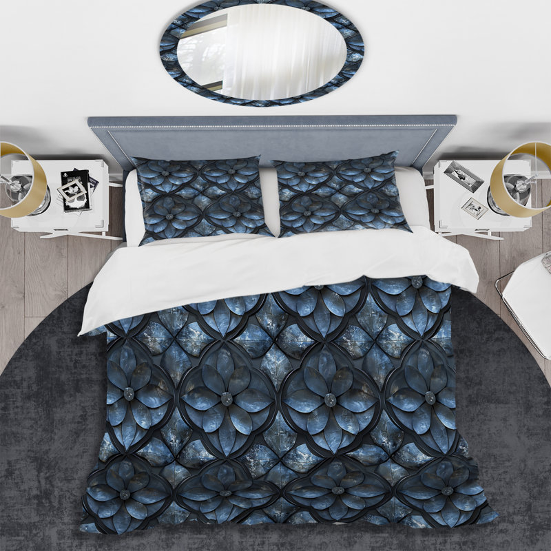 Ensemble de housse de couette transitionnel gris et noir Geo Bloom I, Housse de couette pour grand lit et 2 taies décor