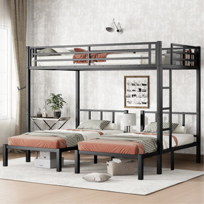 Twin Over Twin & Queen Bunk Bed, Metal Triple Bunk Bed With Safety Guardrails,Space-Saving/Noise Reduced,Black
