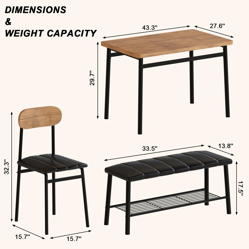 Jakarie 4‑Person Dining Table Set with 2 Chairs and Storage Bench for Small Spaces, Kitchen, Home