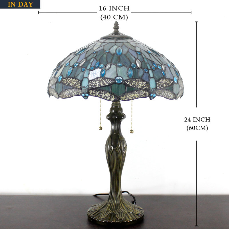Sea Blue Stained Glass Dragonfly Table Lamp with Antique Bronze Base