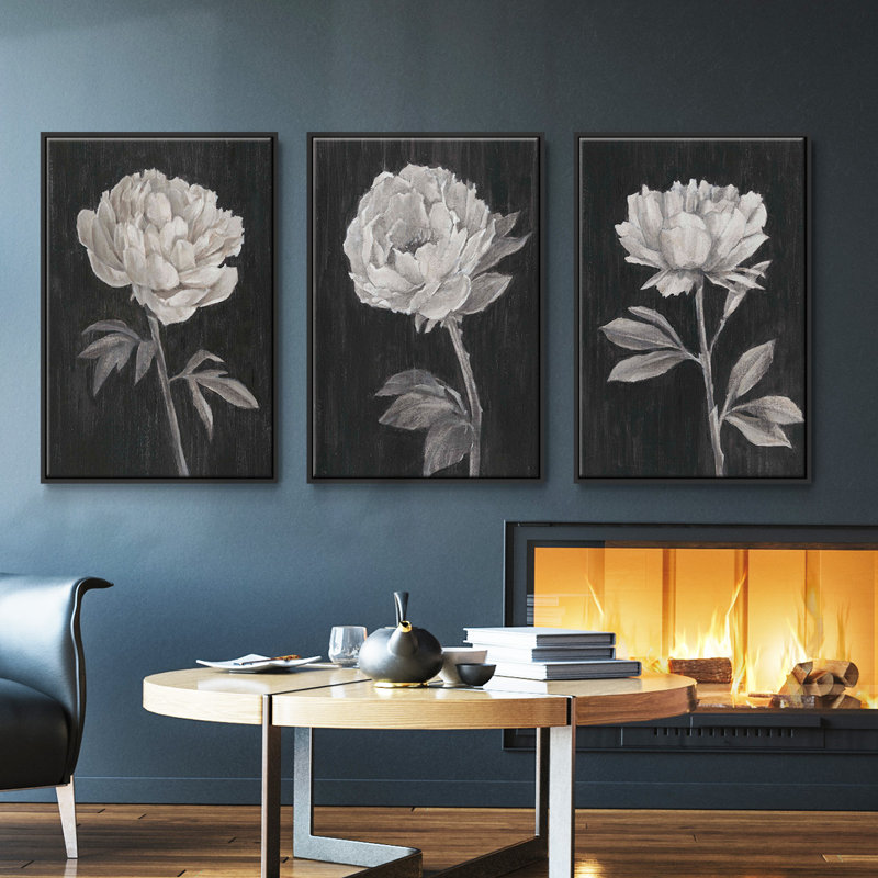 Fleurs noires et blanches I, ensemble de 3 toiles encadrées, Noir, H 27 po x l 54 po
