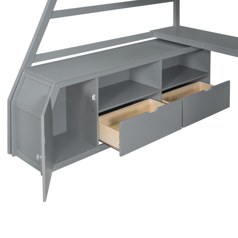 Lit mezzanine double avec 7 tiroirs, tablettes et bureau - Conception compacte, Gris
