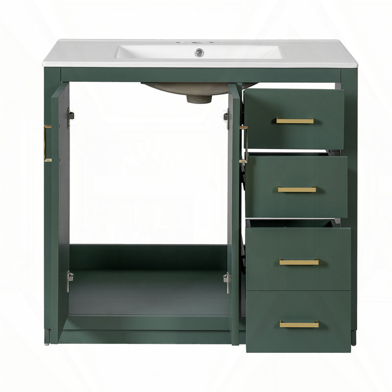 Meuble-lavabo 36 po avec lavabo en céramique, Vert, Doré, 36"