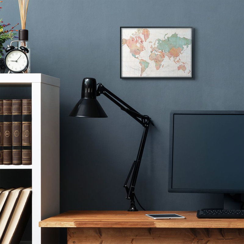 «World Map», reproduction, H 11 po x l 14 po x P 1,5 po, Giclée encadrée noir minuit