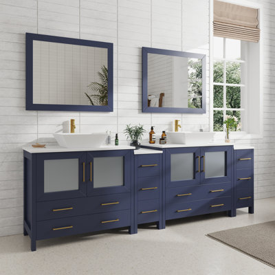  Meuble-lavabo autoportant à double cuve encadré avec plateau en marbre d'ingénierie et miroirs assortis de 96 po