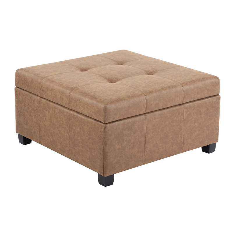 Banc de rangement rembourré 35 po carré en similicuir brun avec revêtement gaufré et pieds en bois de bouleau pour le salon et le bureau