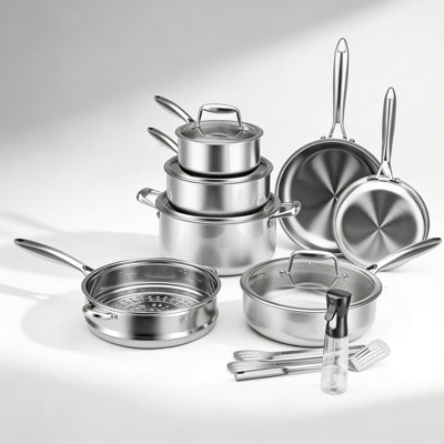 Tri-Ply Stainless Steel Cookware Set With Steamer Basket - Induction Compatible, PFOA & PTFE Free, Oven And Dishwasher Safe Kitchen Pots And Pans Set