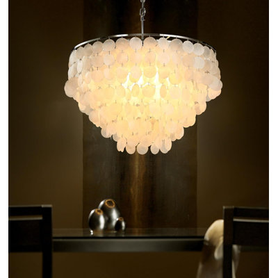 Modern Capiz Shell Chandelier With Adjustable Height, 5-Light Coastal Ceiling Fixture For Living Room, Hallway, Or Foyer