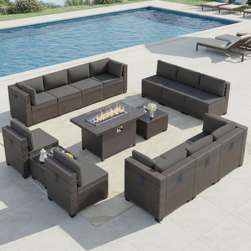 12-Piece All-Weather Rattan Sectional Seating Group With Fire Pit Table & Cushions, Gray