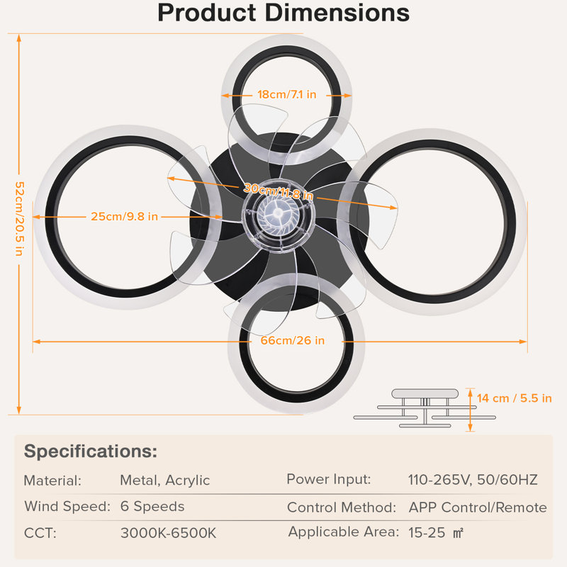 Bulmer Modern Flush Mount Ceiling Fan with Dimmable LED Light Kit,RC,Reversible Blades,6 Speeds - 4 Rings