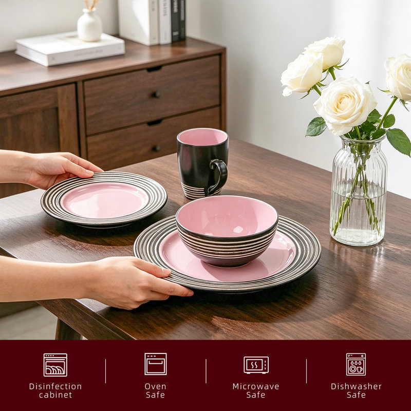 HomeVSS 16-Piece Tree Bark Stoneware Dinnerware Set, Service for 4, Rose