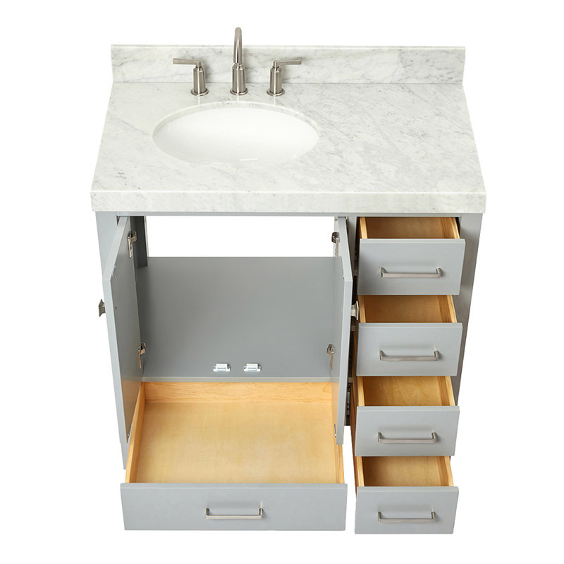 Ariel Cambridge 36 In. Right Offset Vanity With 2 In. Carrara Marble Countertop, Gray