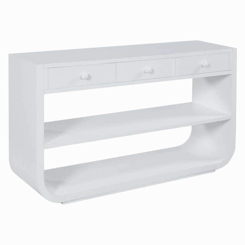 Console moderne incurvée avec 3 tiroirs à fermeture en douceur et 2 tablettes ouvertes, base en bois massif, table de vestibule pour vestibule de salon, blanc