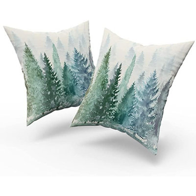 Pine Tree Throw Pillow Covers 20X20 Set Of 2 Watercolor Blue Green Cotton Square Rustic Style Natural Forest Fog Print Decorative Pillowcase Spring Summer Cushion Cover For Home Sofa Bed Outdoor