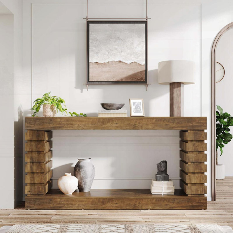 Console 70,87 pouces en bois massif avec piédestal géométrique