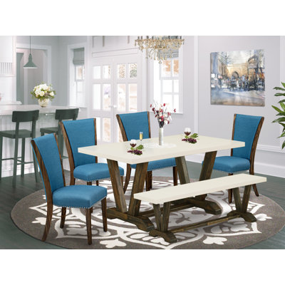 6 Piece Dining Room Set - 4 Blue Linen Fabric Modern Chair with Nail heads and Linen White (Off-White) Rectangular Dining Table - 1 Modern Bench - Distressed Jacobean Finish