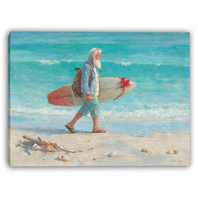 Coastal Santa Carrying Board by the Waves Wrapped Canvas Wall Art