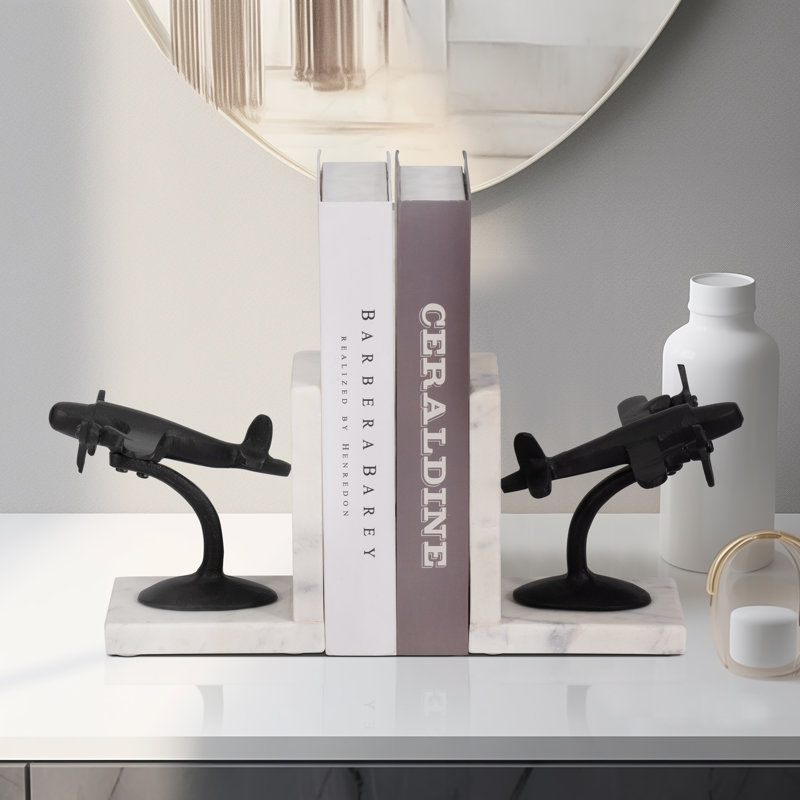 Serre-livres décoratifs pour avion sur base en L en marbre - Serre-livres modernes pour décoration intérieure, bibliothèque et accessoire de bureau - ensemble de 2, 6 po, noir et blanc
