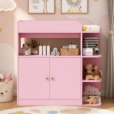 Changing Table Dresser for Nursery, Baby Diaper Changing Station with Large Cabinet, 4 Open Shelves & Crystal Knobs (Changing Top Included, Pad Excluded)