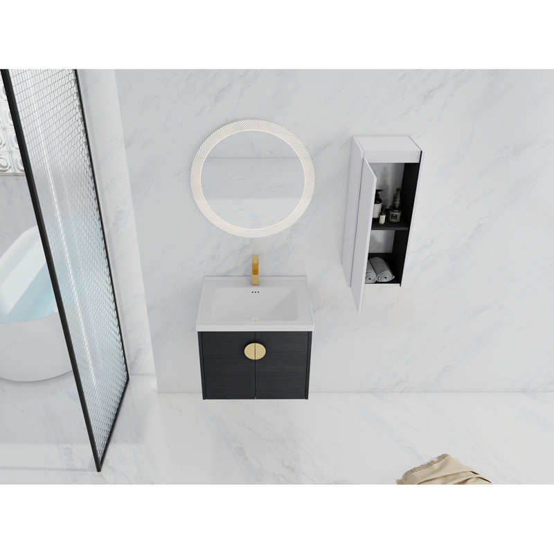 Meuble-lavabo 24 po avec lavabo en céramique et tiroir latéral - Châtaignier noir, contreplaqué, généreux meuble-lavabo de style moderne, couleur châtaignier, portes à fermeture en douceur, grand