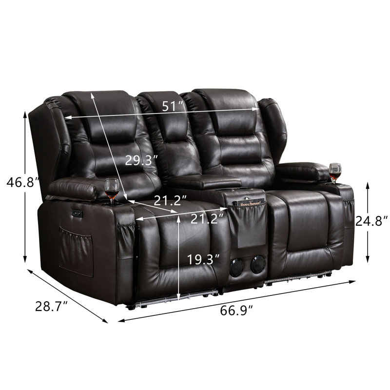 Canapé inclinable de 66,9 po de largeur avec console, haut-parleur Bluetooth et lumières DEL, Brun foncé