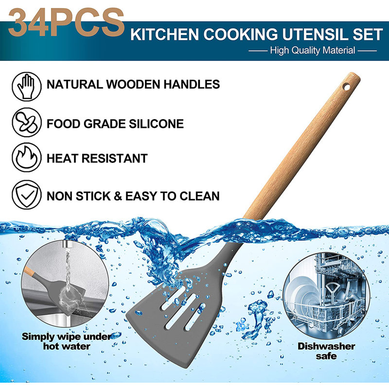 Gray Silicone and Wood 43-Piece Cooking Utensil Set