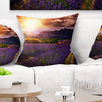 Beautiful Sunset over Lavender Field - Floral Printed Throw Pillow