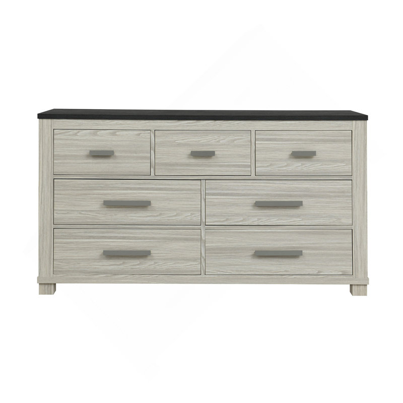 La commode à 7 tiroirs de large avec une finition en bois gris clair et des poignées encastrées combine un rangement modulaire avec un style minimaliste moderne pour les chambres à coucher