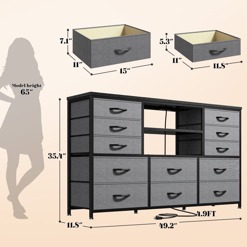 Dresser For Bedroom With Power Outlets And Led Lights, 12 Drawers Tv Stand Dressers With 2 Tire Shelves, Gray