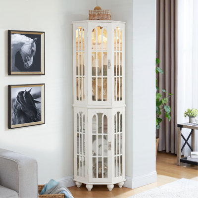 Corner Curio Cabinet With 4 Adjustable Tempered Glass Shelves And Lighting System, Solid Wood Legs,Acrylic Mirrored Back Panel(E26 Light Bulb Not Included)