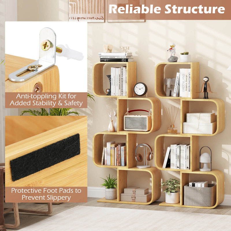 2 Pcs 4-tier S-shaped Bookcase With 4 Open Cubes Geometric Corner Display Shelf