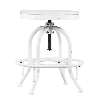 Adjustable White Stool, Industrial Design, Washed Plank Seat, Versatile For Counter Height Or Casual Use Swiveling Entertainment Union, Distressed Rustic Seat Leisure