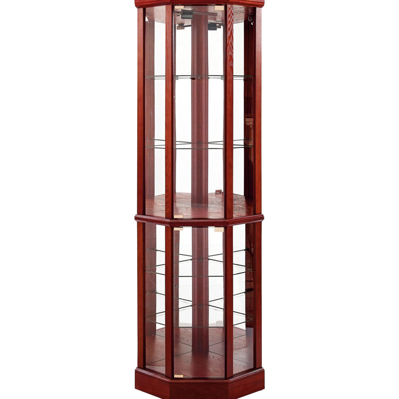 6 Shelf Lighted Corner Curio Cabinet With Adjustable Glass Shelves And Mirror Back In Cherry 6-shelf Sleek, Cherry