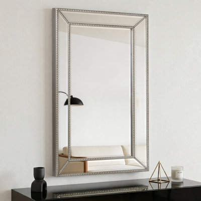 Metro Beaded Champagne Silver Glass Framed Decorative Accent Wall Mirror - 24" x 30"