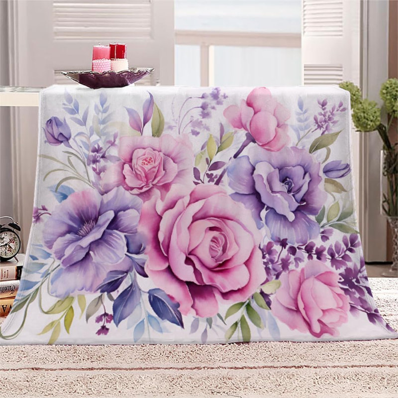 Couverture polaire King à motif floral peint - Jeté en flanelle ultra douce et moelleuse pour lit, canapé, motif de roses, décoration végétale pastel, 127 x 152 cm