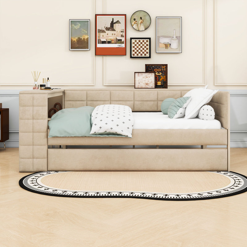 Upholstered Platform Bed with Storage Shelves, Desk, Charging Station and Trundle, Beige