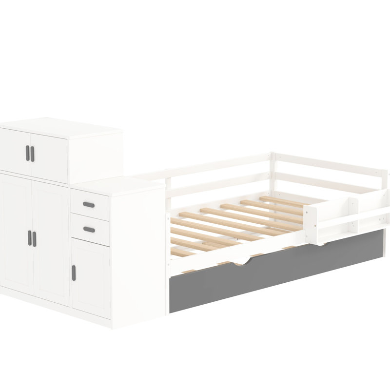 Lit plateforme simple en bois blanc avec bibliothèque pratique, garde-robe mobile et lit gigogne - armoire-penderie fonctionnelle pour chambre à coucher, incluse, organisée