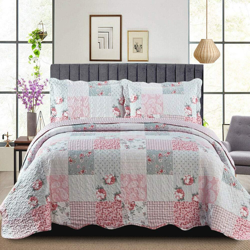 Poulsen Polyester No Pattern Bedspread with Pillow Shams Included, Floral Grey, King